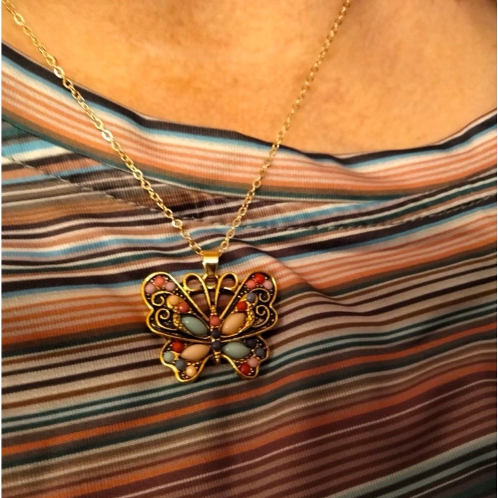 Vintage Multi-Turquoise Butterfly Gold Over Sterling Silver 4.00 ctw Necklace - Picture 8 of 12